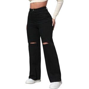Women’s High Waist Ripped Wide Leg Denim Jeans Boyfriend Style Casual
